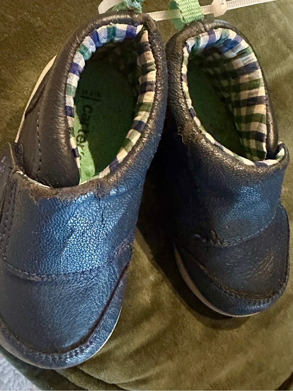 Carter's Navy Leather Slip-On Baby Shoes with Plaid Lining, Velcro closure